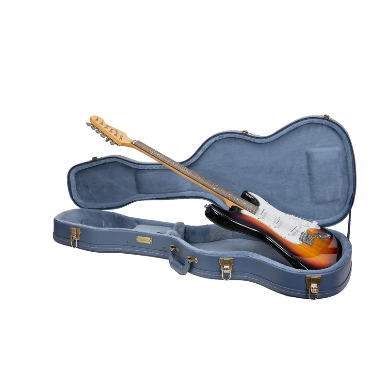 Crossrock Relief Series Electric Guitar Case for Telecaster & Stratocaster Style | Carved Smoke Blue Finish, Monochrome Blue Velvet Interior, Lock – Premium Wooden Hardshell