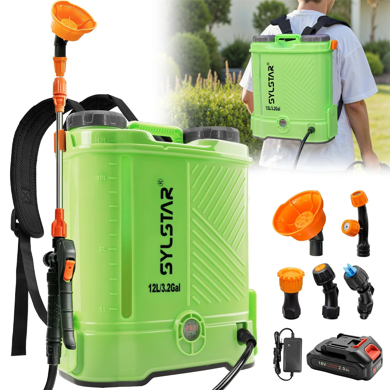 SYLSTAR Battery Powered Knapsack Sprayer 12L,80PSI Pressure Spray Compatible With Makita 18V Battery,Backpack Sprayer With 5 Nozzles,39.3'' Telescopic Wand,For Garden&Lawn(Includ 2.0Ah/21V Battery)