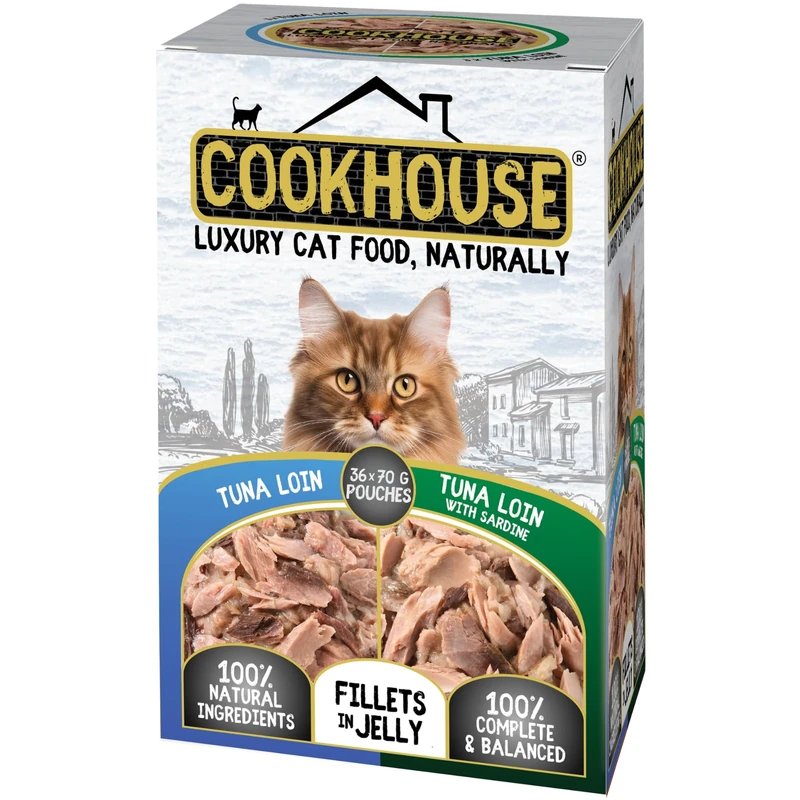 COOKHOUSE 100% Natural & Complete Luxury Wet Cat Food - Tuna Loin/Tuna Loin with Sardine - Fillets in Jelly - 36 x 70g Pouches
