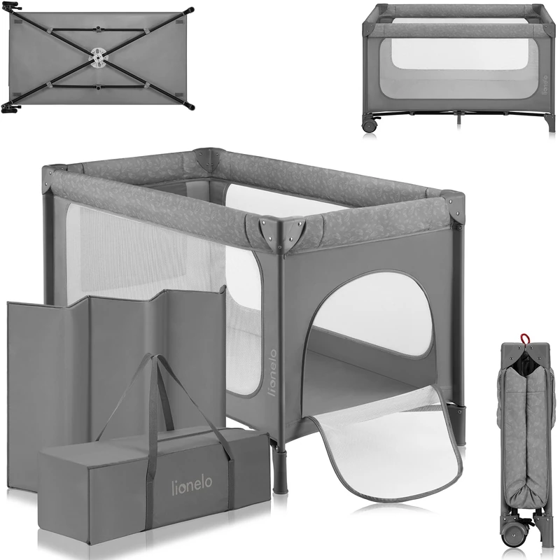 lionelo JASMIN Easy-Fold Travel Cot for Babies and Toddlers 0–36 Months with 2-Level height Mattress, One-Hand Folding System, Breathable Mesh Sides, Side Zip Door, Wheels with Brakes, Carry Bag