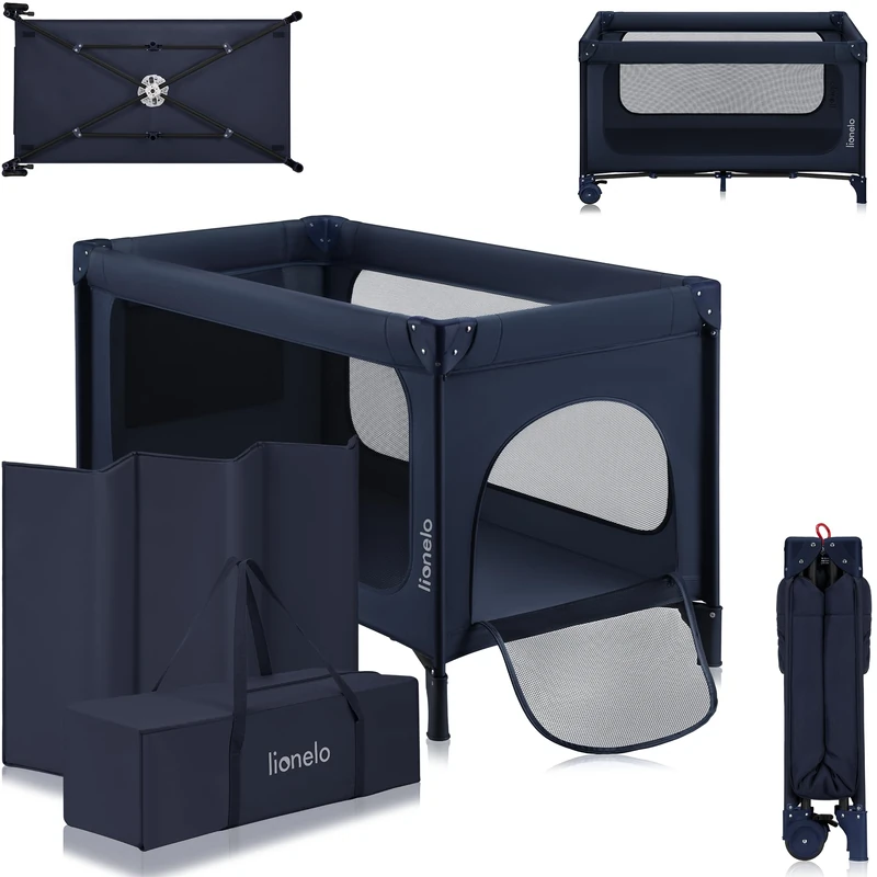 lionelo JASMIN Easy-Fold Travel Cot for Babies and Toddlers 0–36 Months with 2-Level height Mattress, One-Hand Folding System, Breathable Mesh Sides, Side Zip Door, Wheels with Brakes, Carry Bag