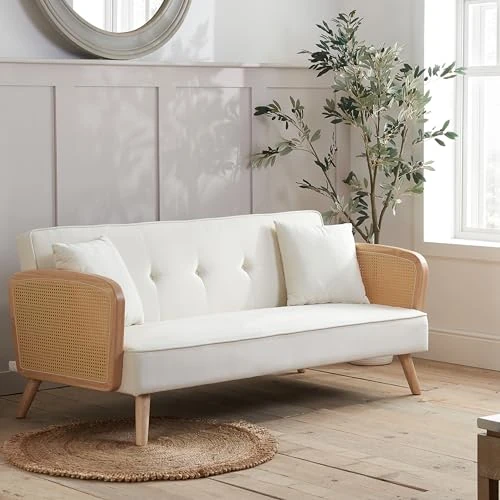 Birlea Rattan Sofa Bed White Boucle Fabric Lima 3 Seater Settee Click Clack