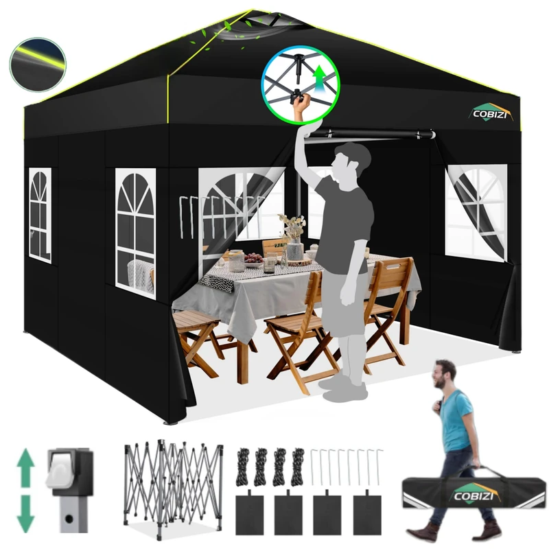 COBIZI Gazebo 3 x 3 m Waterproof Stable Winterproof Folding Gazebo Party Tent Garden Gazebo Pop Up Gazebo Folding Tent with 4 Side Ventilation Openings, Sandbag for Market, Outdoor Event, Black