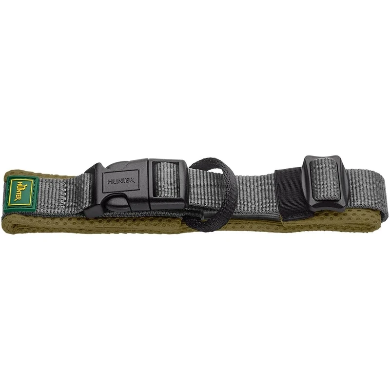 HUNTER Maldon Collar, Colour: Olive, Breathable Mesh, Robust Nylon, Silent & Allergy Friendly, Strain Relief, Integrated Address Label, Extra Light, Size: XL