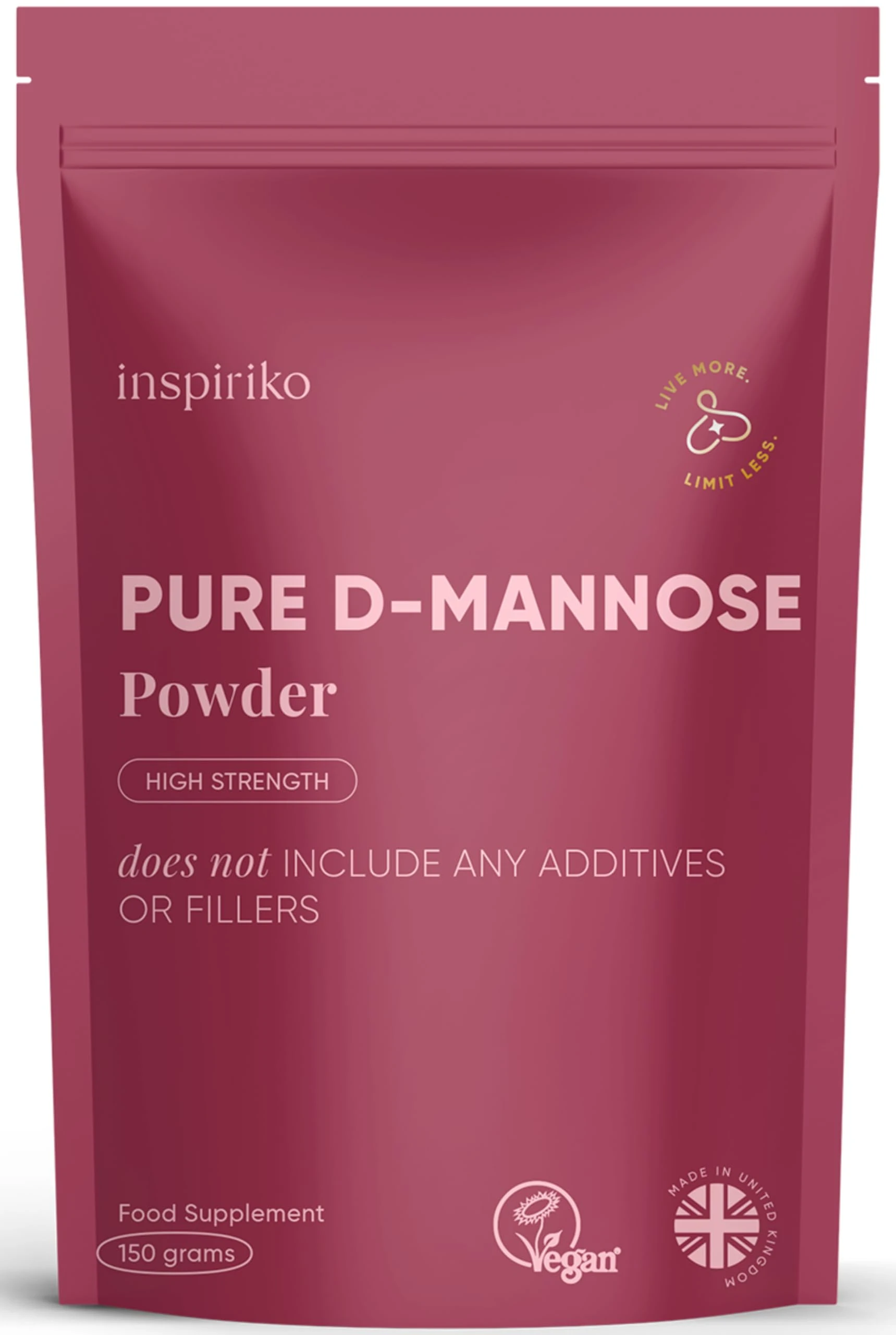 Inspiriko D Mannose Powder (5 Month Supply) Patented D-Mannose Powder - 100% Pure, Vegan, Non-GMO & 3rd Party Tested - Easy to Mix with Scoop Included, 150g