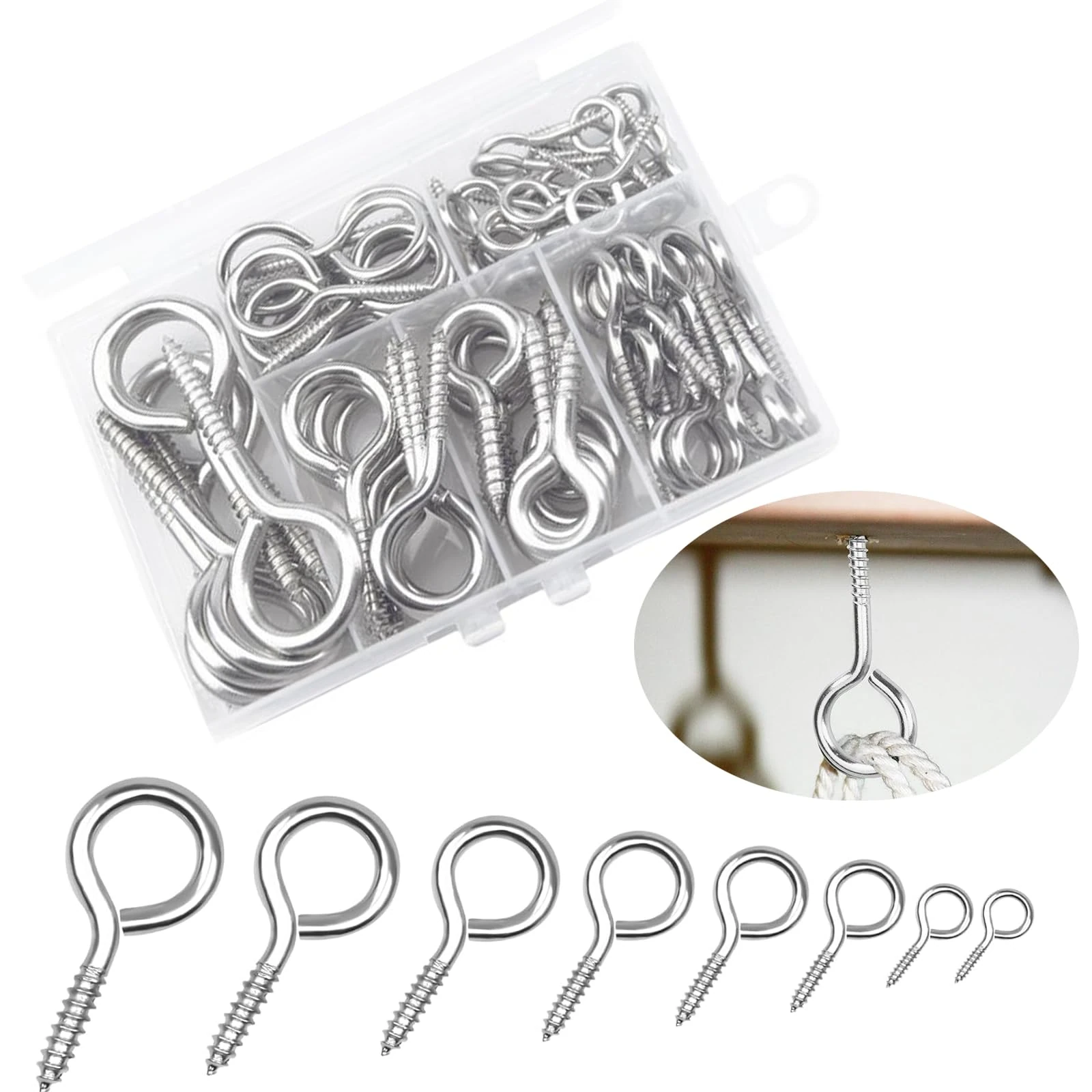 160Pcs Screw in Hooks Eye Bolts Nickel Plated Metal Ceiling Hooks Heavy Duty Screw Eye Hooks Eyelet Screws Vine Eyes Hooks for Hanging DIY Craft, 8 Sizes