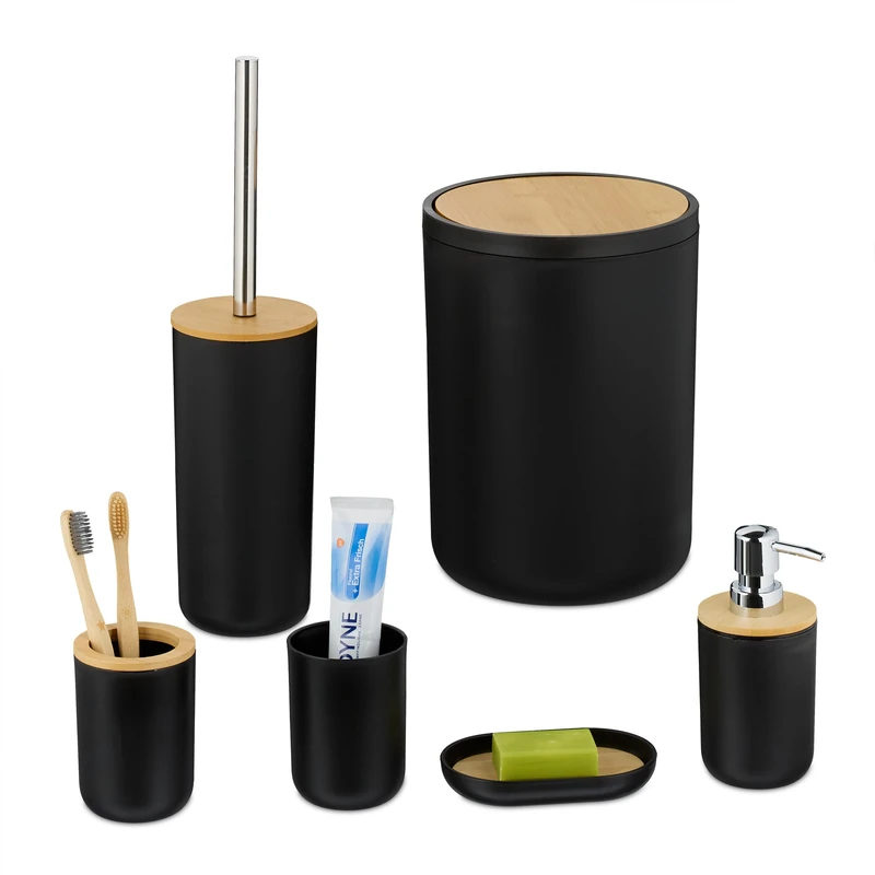 Relaxdays Bathroom Accessory Set, 6-Piece, Plastic & Bamboo, Bin, Soap Dispenser, Dish, Toothbrush Holder, Black/Natural, 27 x 19.5 cm