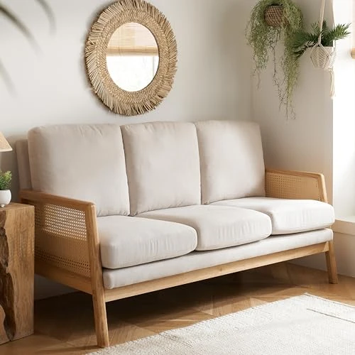 Birlea 3 Seater Sofa Settee Rattan White Fabric Ivy