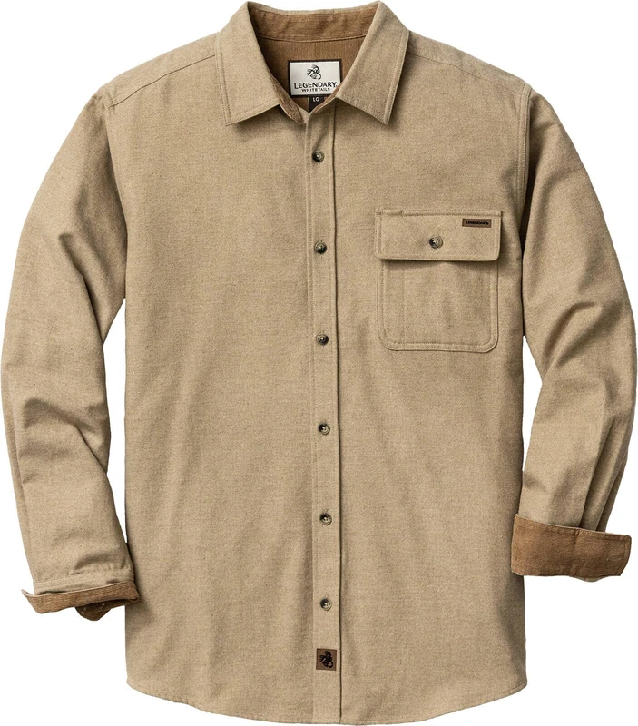 Legendary Whitetails Men's Buck Camp Flannel, Long Sleeve Plaid Button Down Casual Shirt, Corduroy Cuffs, Sand Heather, Large Tall