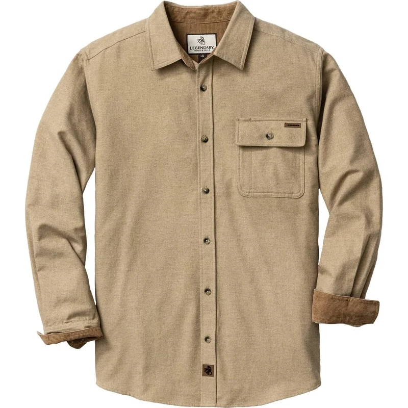 Legendary Whitetails Men's Buck Camp Flannel, Long Sleeve Plaid Button Down Casual Shirt, Corduroy Cuffs, Sand Heather, Medium