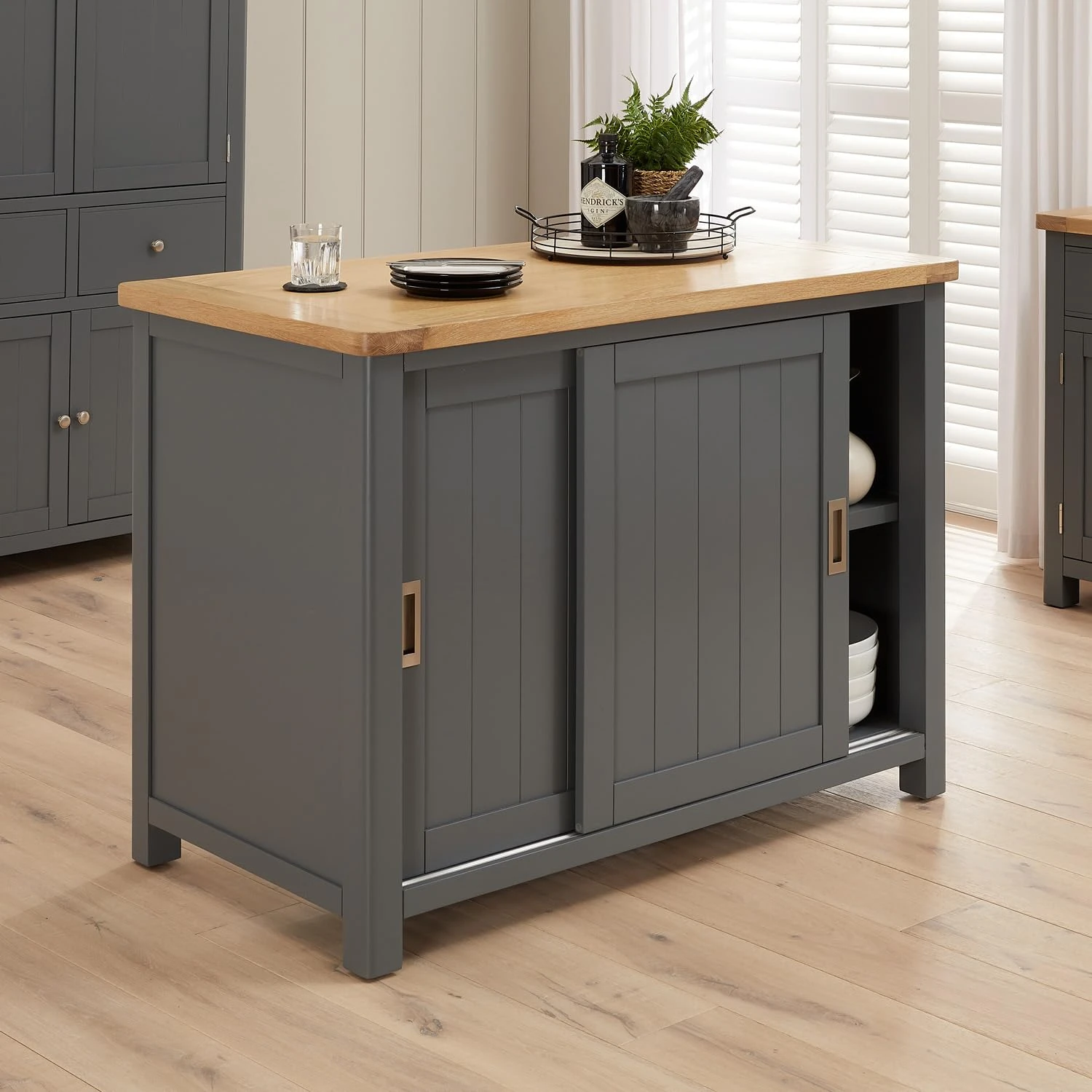 The Furniture Market Marbury Slate Grey Painted | Kitchen Island Counter with Breakfast Bar Table Top | Seats 2 Bar Stools | Sliding Doors | Fully Assembled | H 900 x W 1250 x D 680mm