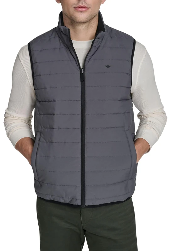 Dockers Men's Recycled Stretch Poly Reversible Puffer Vest Outerwear, Grit, Navy Blazer, XS, Grit, Navy Blazer, XS