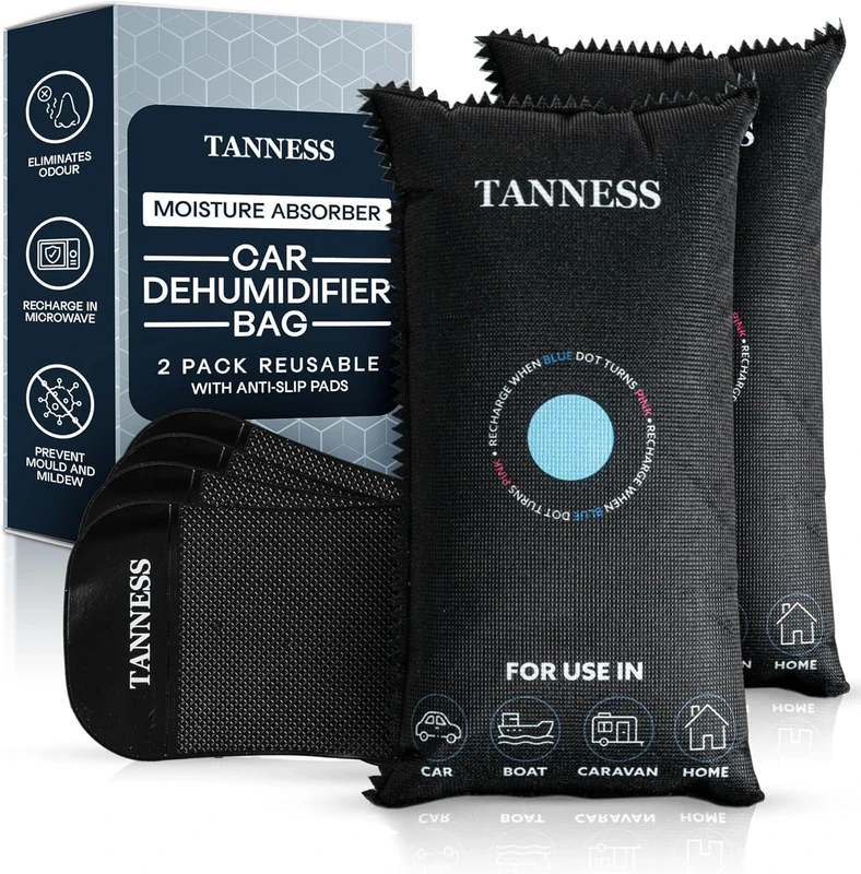 Tanness 2 Pack x 1kg Car Dehumidifier Bags with Anti-Slip Pads - Essential Car Accessories, Moisture Absorber, Reusable, Recharges in Microwave - Multipurpose for Home, All Spaces & Vehicles