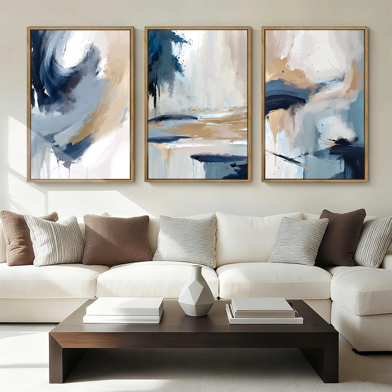 Anyzal Blue Neutral Modern Wall Art Set of 3 Framed Abstract Art Print Minimalist Wall Decor for Living Room Bedroom Office 16"x24"
