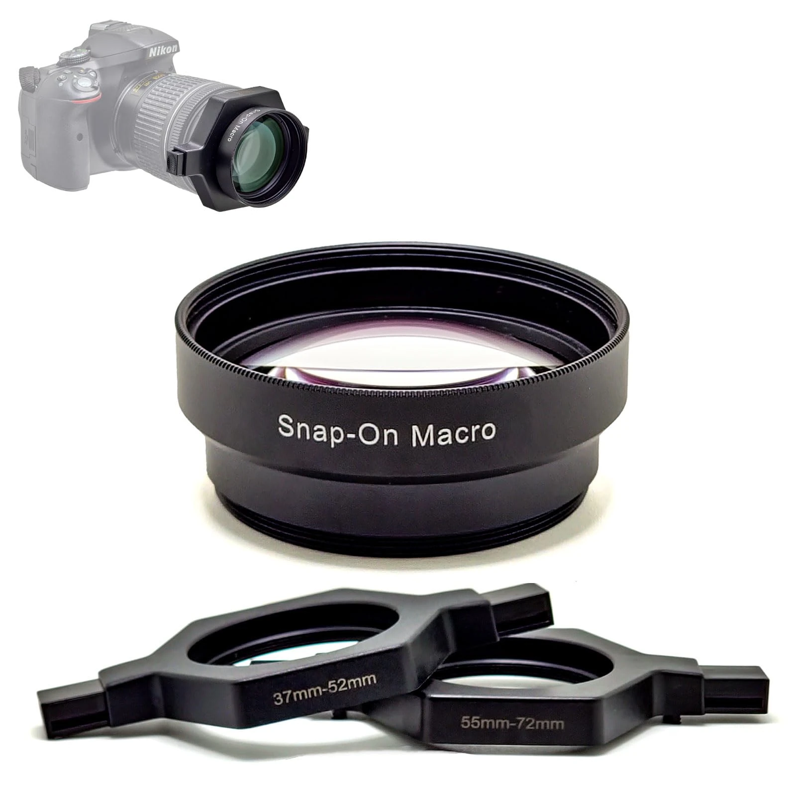 FotoZ HD Snap-on Macro Lens with 37-52mm & 55-72mm Universal Adapter for Telephoto Lenses, Compatible with Most Canon Sony Nikon Camera, 37 40.5 43 46 49 52 55 58 62 67 72mm Snap-on Macro Lens