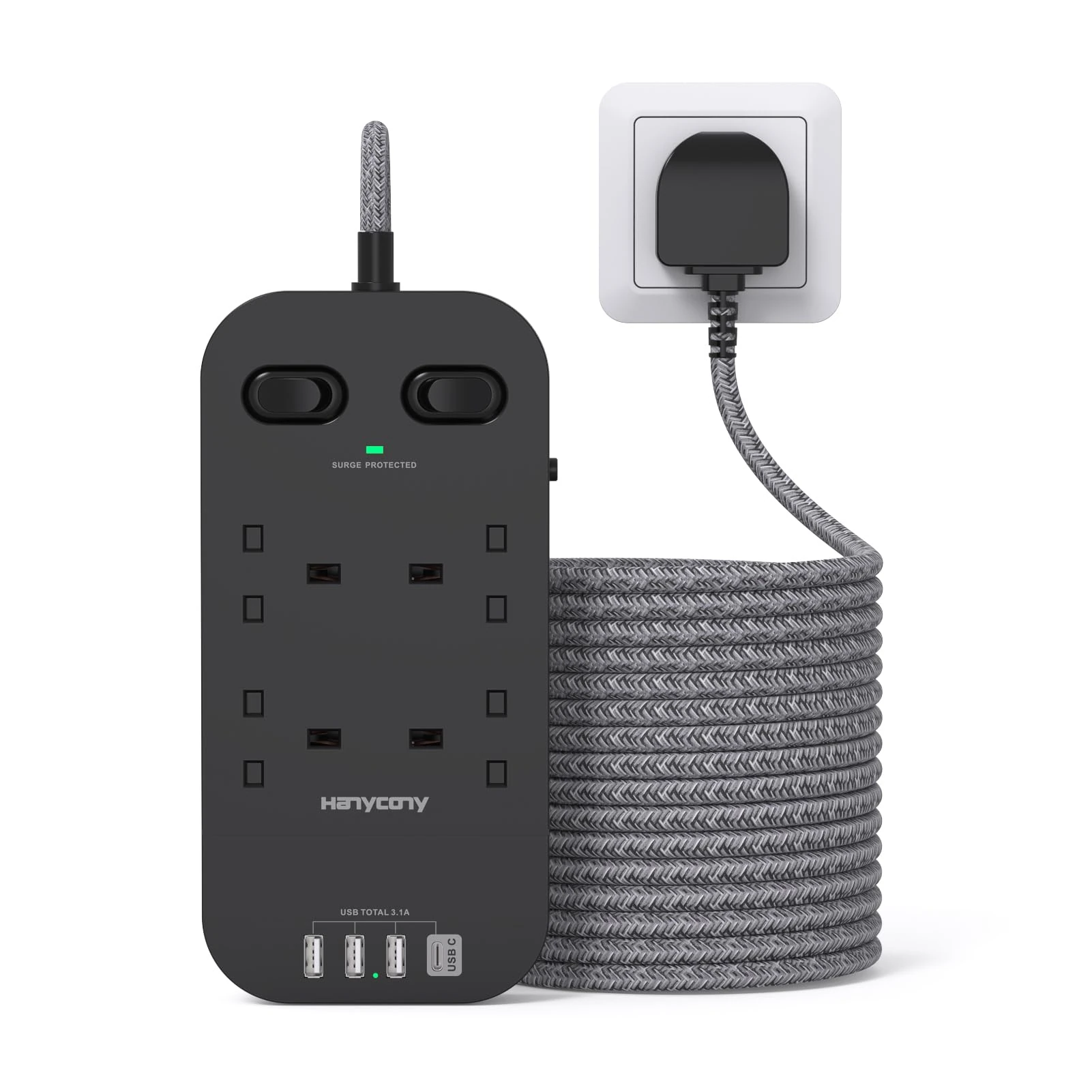 Black Extension Lead 5M, Extension Cable with 4 Way Outlets 4 USB Slots(1 USB C), Surge Protected Extension Lead with Double Switches, 15Ft Braided Extension Cord for Office Home Accessories