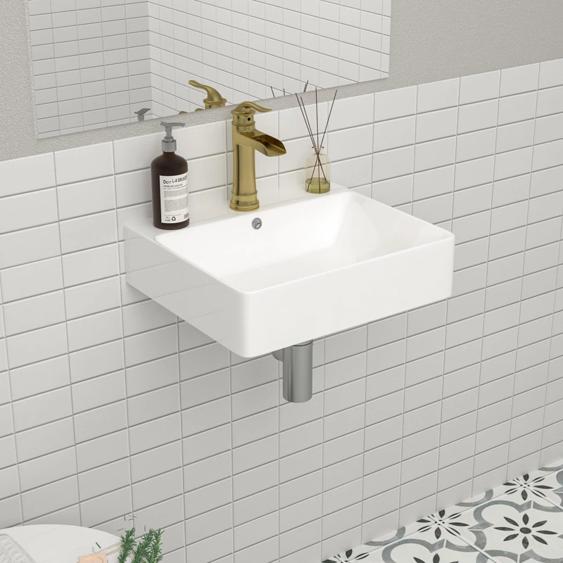 Mocoloo Ceramic Bathroom Sink - 18"x16" Wall Mounted Bathroom Sink White Rectangular 18 Inch One Hole Bowl Porcelain Basin Hanging Lavatory Small Vessel Sink