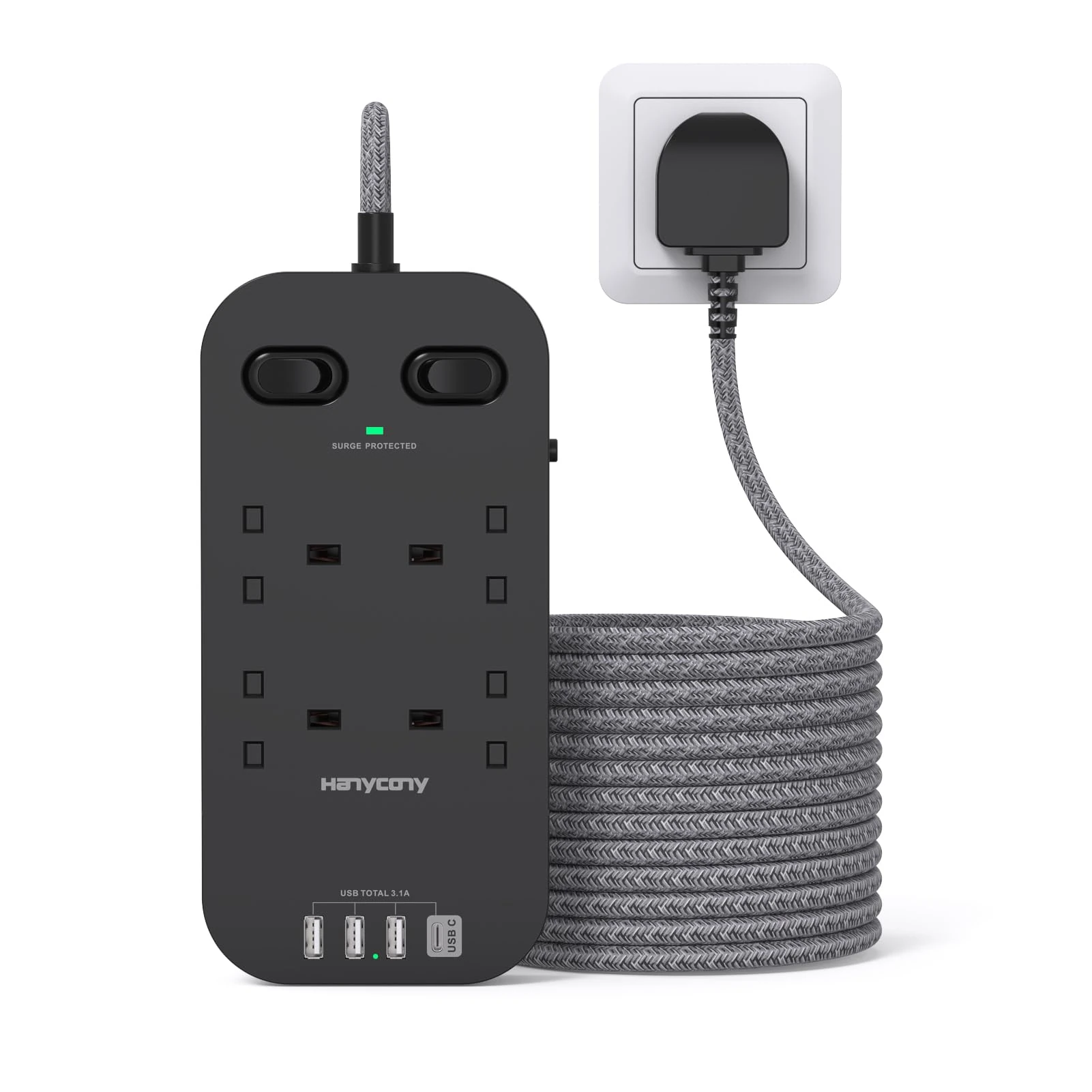 HANYCONY Black Extension Lead, 3M, 4 Outlets, 4 USB (1 USB-C), Surge Protected, Double Switches, 10Ft Braided Cord, Office/Home