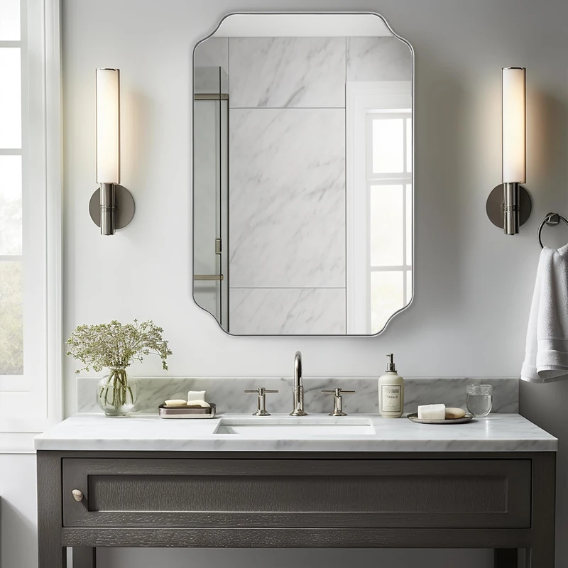 ANDY STAR Scalloped Bathroom Mirror, 24x36 Inch Brushed Nickel Rectangle Mirror, Silver Bathroom Vanity Mirror, Silver Framed Mirror in Anti-Rust Stainless Steel Metal, Thin Frame Deep 1’’