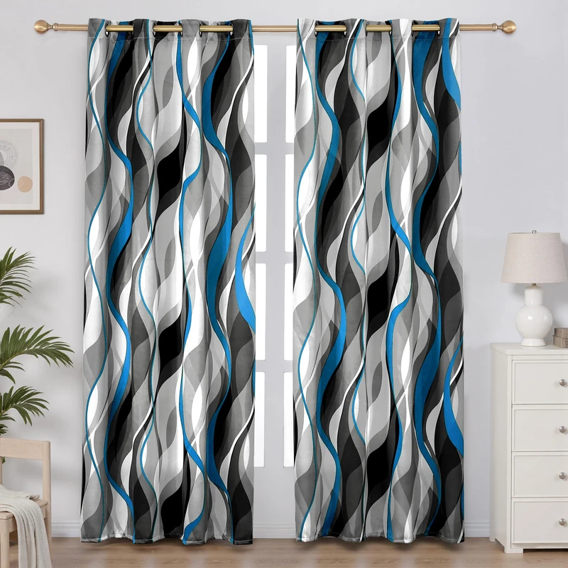 weesire Blue and Grey Curtains Modern Striped Decorative 50% Light Blocking Darkening Grommet Blue Curtain for Living Room Villa, Bedroom Gray and Blue 2 Panels Set, 52x84 Inches