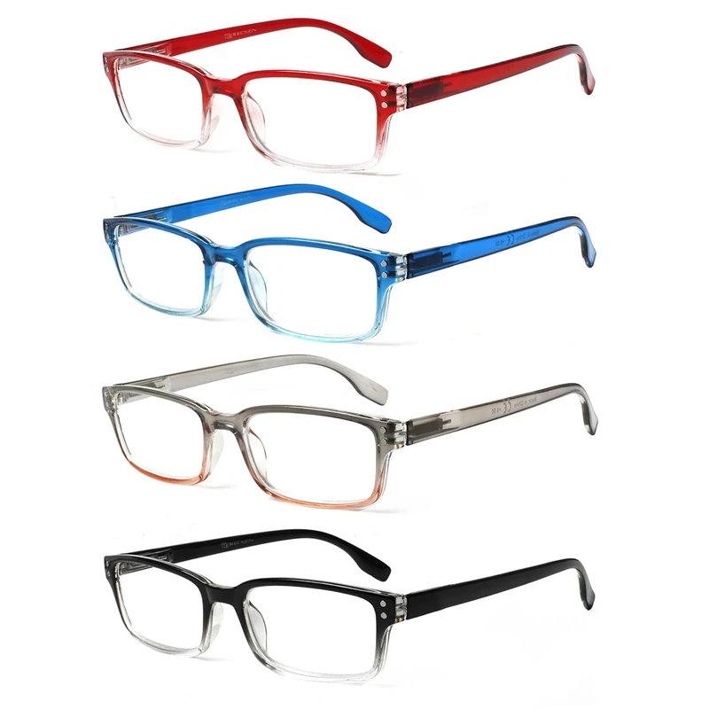 Kerecsen 4-Pack Rectangular Retro Style Men Reading Glasses Spring Hinges Comfortable Readers (+2.00, 4 Pack Mix Color-2)