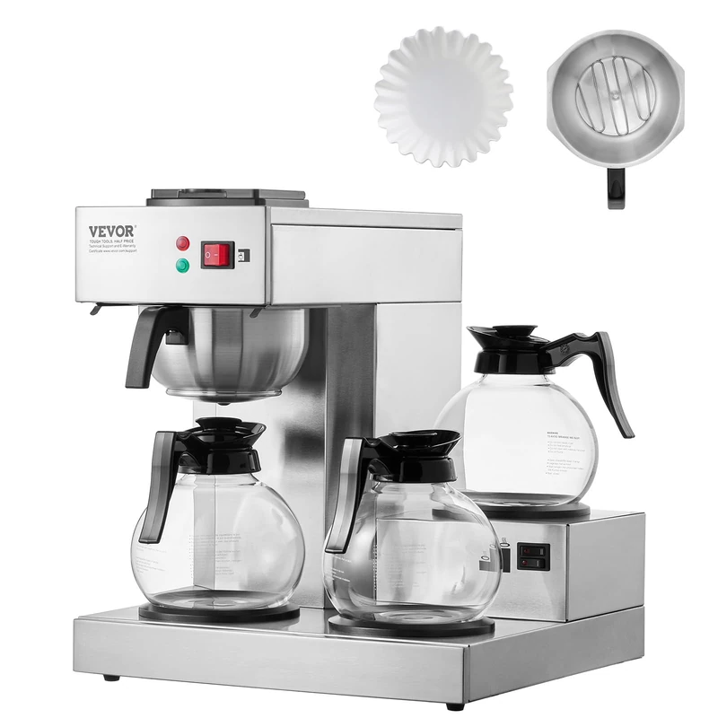 VEVOR Commercial Drip Coffee Maker Coffee Machine with 3 Glass Carafes and 3 Heating Plates Stainless Steel Coffee Maker with Automatic Water Inlet for Restaurant, Office, Coffee Shop
