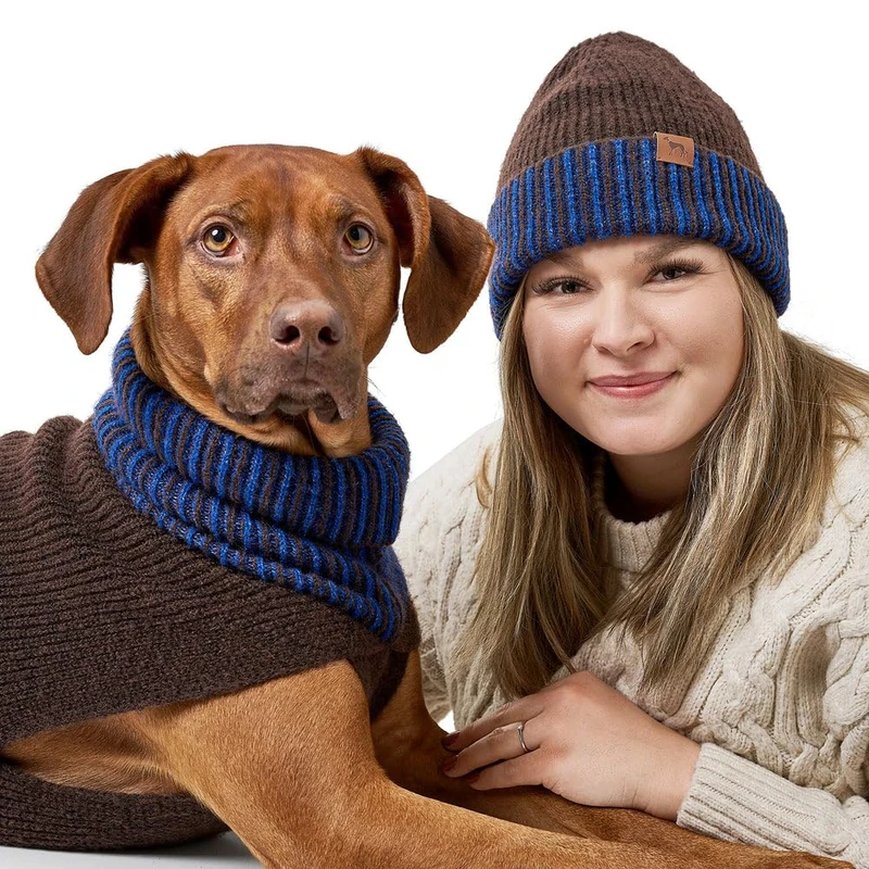 Hunter Odense Dog Jumper Soft & Elastic Knitted Jumper with High Collar Partner Look with Hat Washable Colour: Brown/Blue, Size: 65