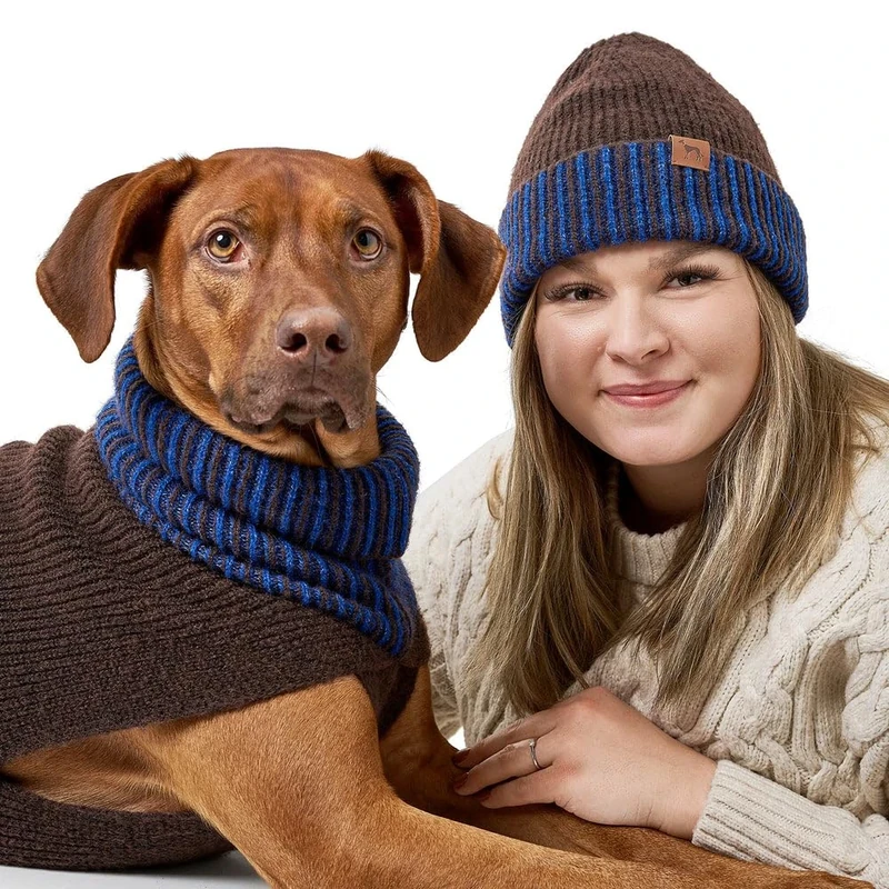 Hunter Odense Dog Jumper, Soft & Elastic, High Collar, Partner Look with Hat, Washable, Colour: Brown/Blue, Size: 70