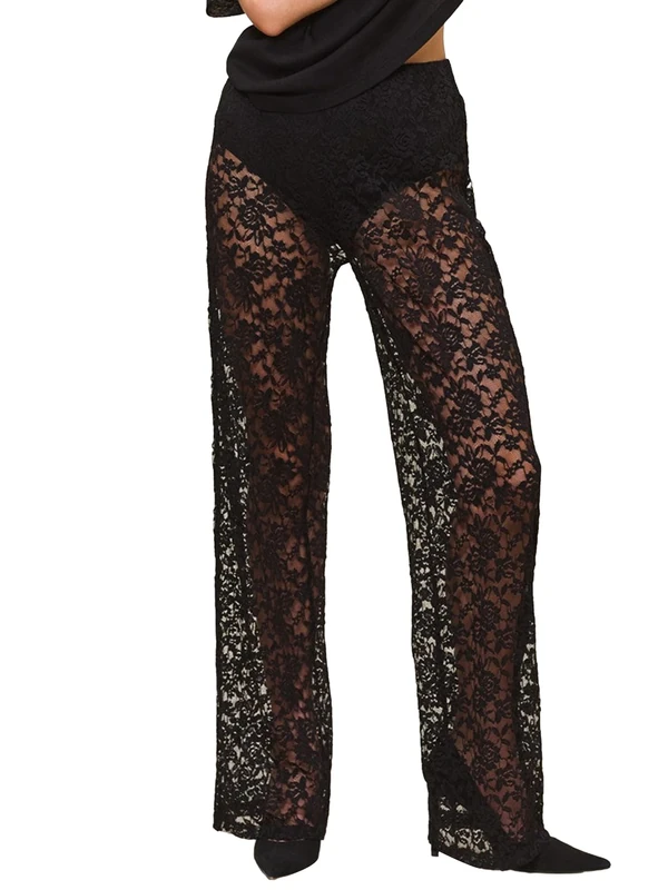LYSINK Women Y2k Sexy Lace Hollow Flare Pants Gothic High Waist Black Pants Sheer See Through Bell-Bottoms Trousers (C-a-Black, S)