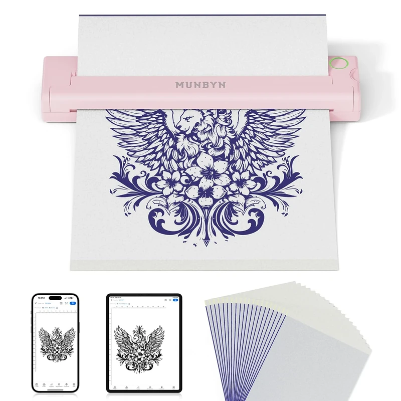 MUNBYN Tattoo Printer, Wireless Thermal Tattoo Printer Machine Kit with 20 Transfer Stencil for Artists & Beginners, Compatible with Android, iOS Phone/Tablet & PC, ITP05 (Pink)