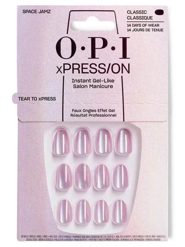 OPI xPRESS-ON Space Jamz - Sparkling Pink Short and Round Shaped Press On Nails - With Nail Glue - Long Lasting, Reusable and Non-Damaging False Nails