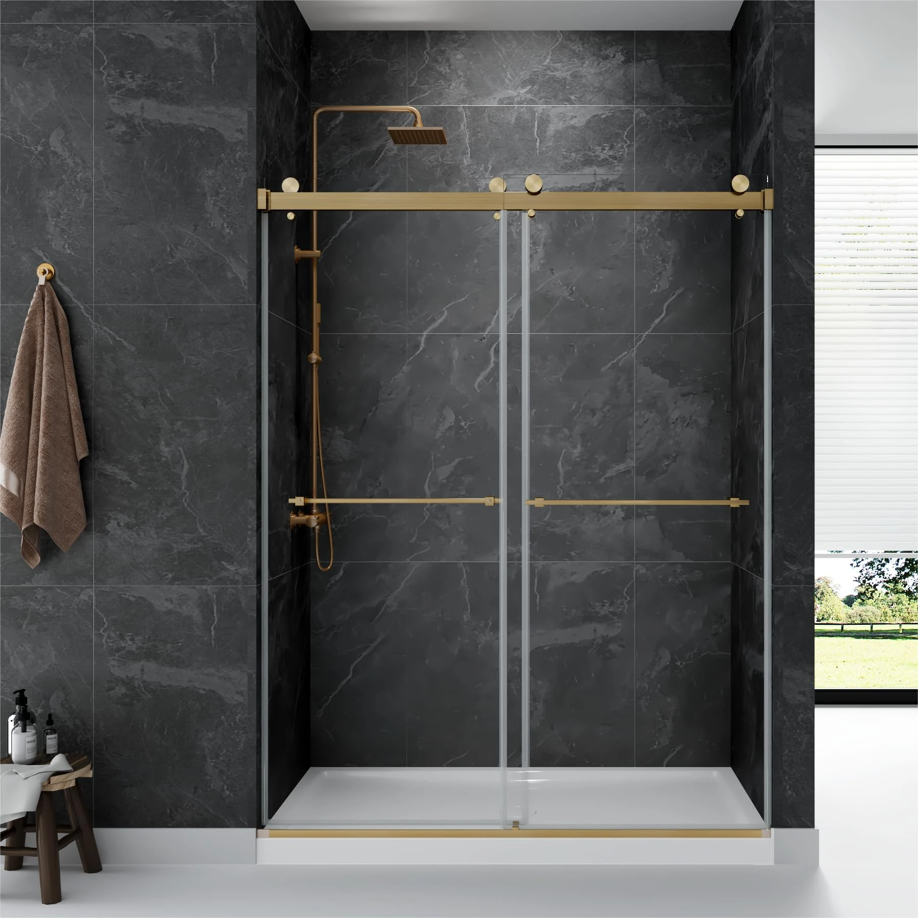 GDGZQD 56" -60 "W x 75" H Frameless Shower Door, Double Sliding Shower Door，Bathroom Sliding Shower Door, SGCC Certified Tempered Glass Door with Explosion (RB-DS6075-02 Brushed Gold)