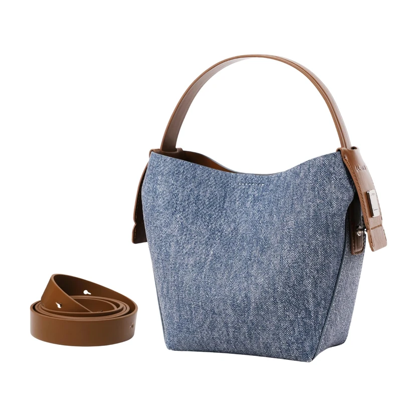 LA FESTIN Leather Bucket Bags for Women - Adjustable Long Strap Designer Crossbody Handbags, Shoulder Purse for Everyday Use, Denim Blue and Brown
