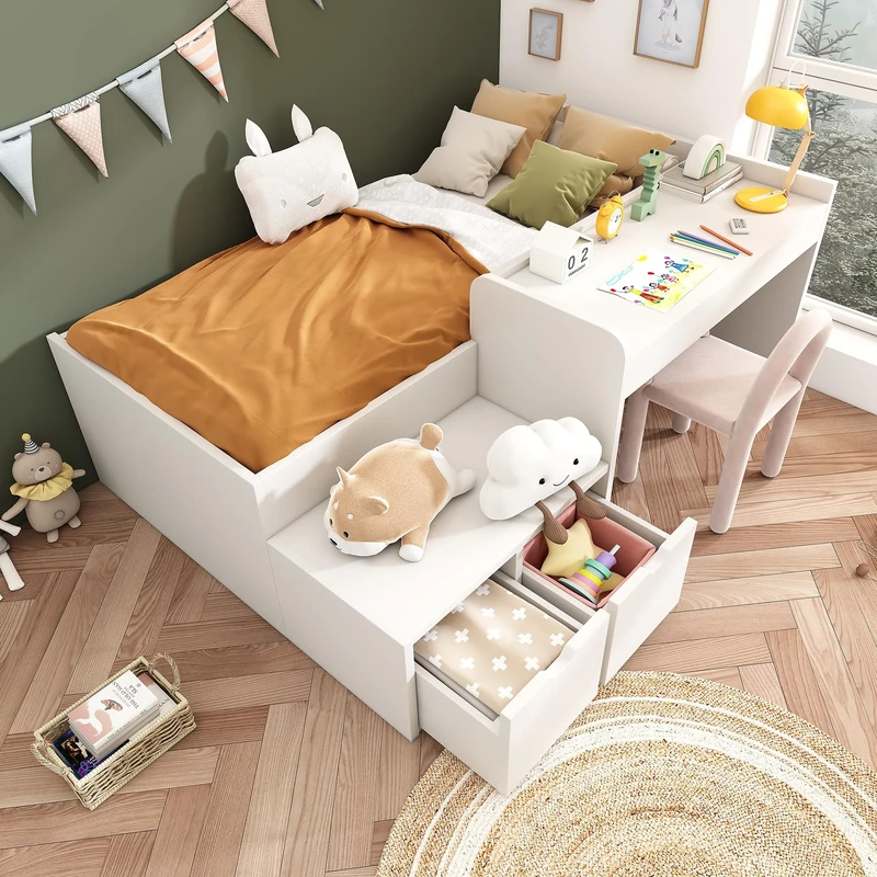 Merax Kids Single Bed with Desk and 2 Drawers, 3FT Kids Wooden Bed with Storage, Single Bed with Slatted Frame, Lying Surface for Teenagers & Adults, White, 90x190 cm (No Mattress)