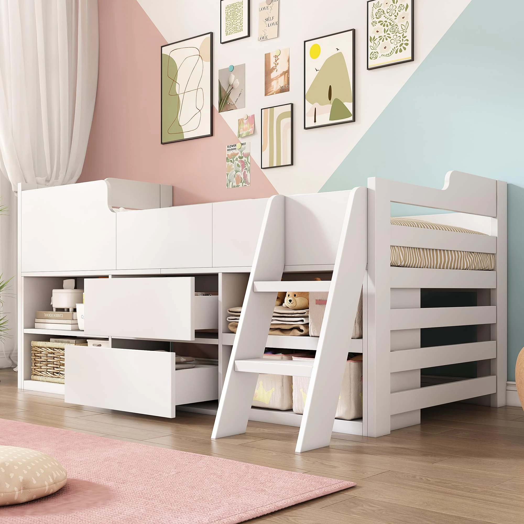 Merax Kids Single Bed with 2 Drawers and Shelves, 3FT Kids Wooden Bed with Storage, Single Bed with Slatted Frame, Mid Sleeper Cabin Bed for Children, White, 90x190 cm (No Mattress)
