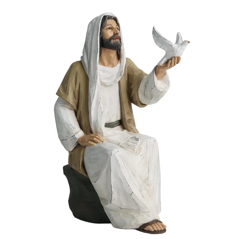 ShineOnAngel Jesus Christ Statue with Dove, Hand Painted Religious Figurine, 7 Inch Jesus on Rock Resin Statue for Modern Christian Home Decor