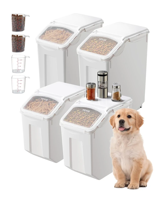 VEVOR Rice Storage Container, 3.5Gal/15Lx2 + 4.5Gal/20Lx2 Large Dog Food Dispenser Bin, Kitchen Ingredient Grain Cereal Bin, Pet food Containers with Wheels, 4 Measuring Cups, Airtight Lid, 4 Pack