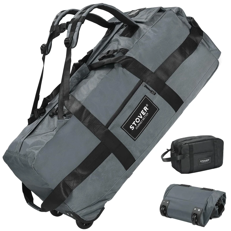STOVER Rolling Duffel Bag with Wheels, Large Travel Duffle Bag, Collapsible with Backpack Shoulder Straps for Men Women, Grey, 80L