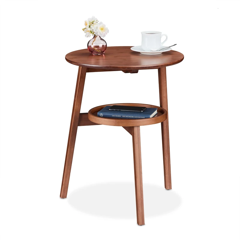 Relaxdays Side Table, with 2 Tiers, HWD: 60x47x40 cm, Round, for Living Room, Couch & Sofa, Coffee Stand, Bamboo, Brown, Fibreboard