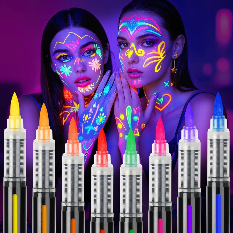 ThEast Glow in the Dark Face Paint, 8 Colors Neon UV Body Paint, Glow in the Dark Under UV Light Face Paint Pens, Tattoo Markers for Skin Washable