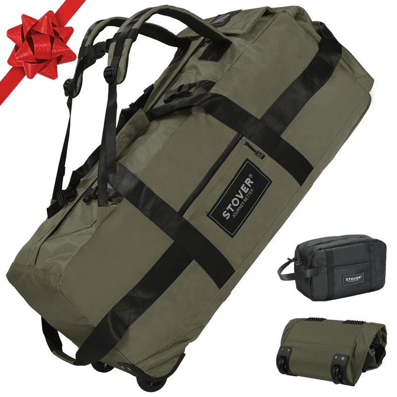 STOVER Rolling Duffel Bag with Wheels, Large Travel Duffle Bag, Collapsible with Backpack Shoulder Straps for Men Women, Green, 100L