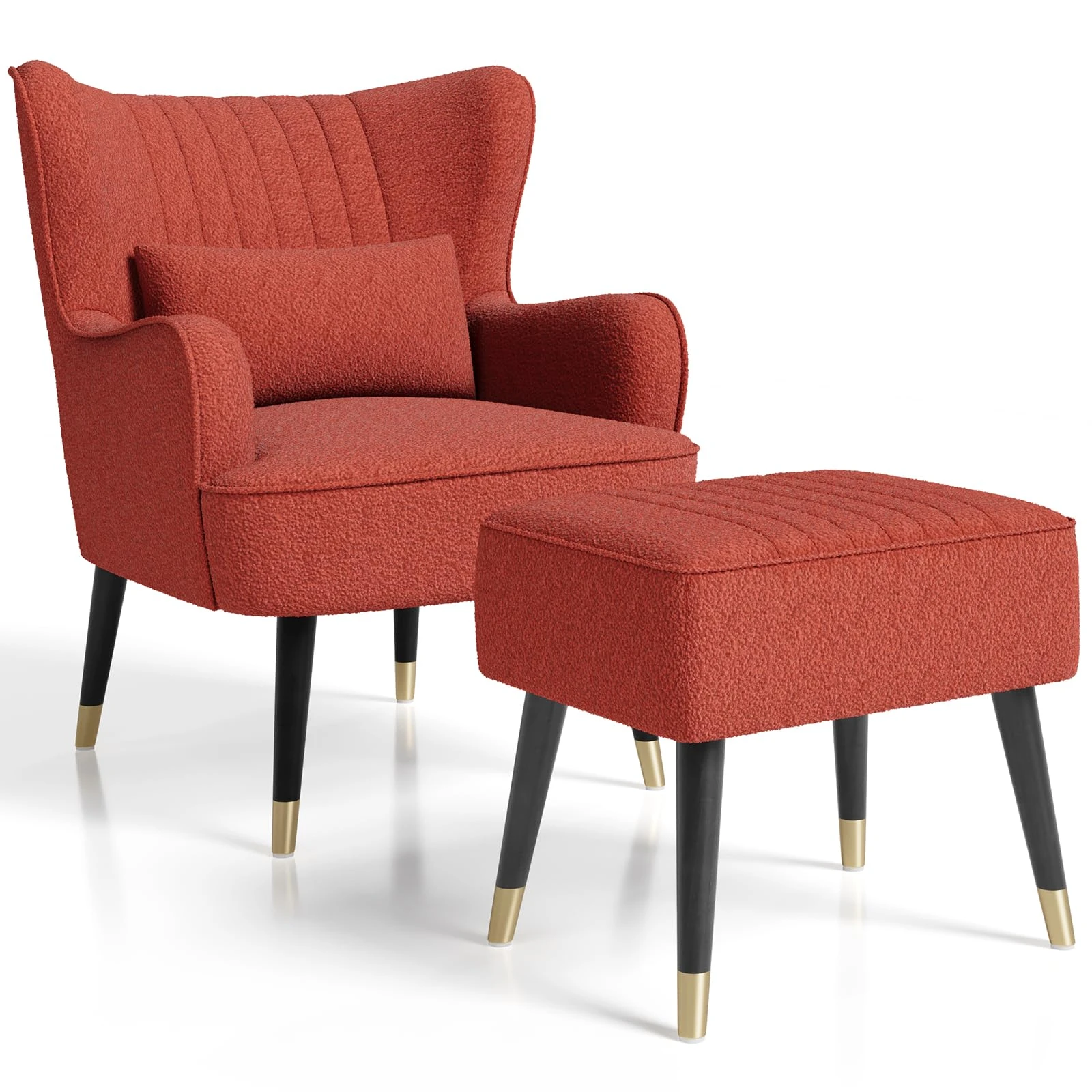 Vesgantti Teddy Fleece Armchair with Footstool and Lumbar Pillow, Modern Wing Back Accent Chair with Ottoman, Large Cuddle Chair for Living Room Bedroom Study Room Office(Orange Red)