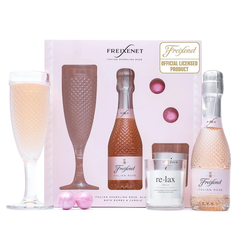 Freixenet Prosecco Gift Set - Freixenet Italian Sparkling Rose 20cl Mini Alcohol, Champagne Flute, Bath Bombs & Luxury Relax Candle - Pamper Gifts for Women, Ladies, New Mum Wine Gifts, Valentines