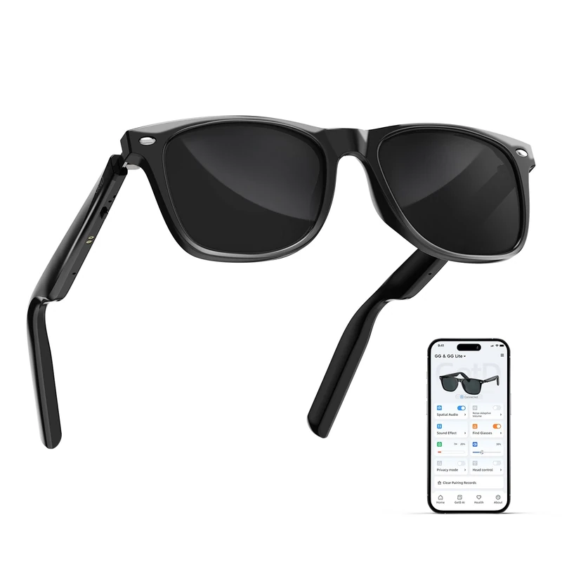 GetD Bluetooth Glasses,Open-Ear Smart Glasses,Large Polarized Sunglasses,Bluetooth5.4 Audio Glasses,anti-sound leakage, call noise reduction,UV Protection Lens (Black)