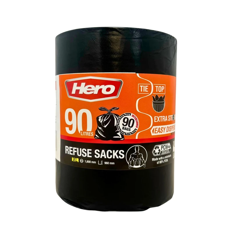 Hero Extra Strong Black Bin Bags, Refuse Sacks, Tie Top, 90 Litre, Pack of 90