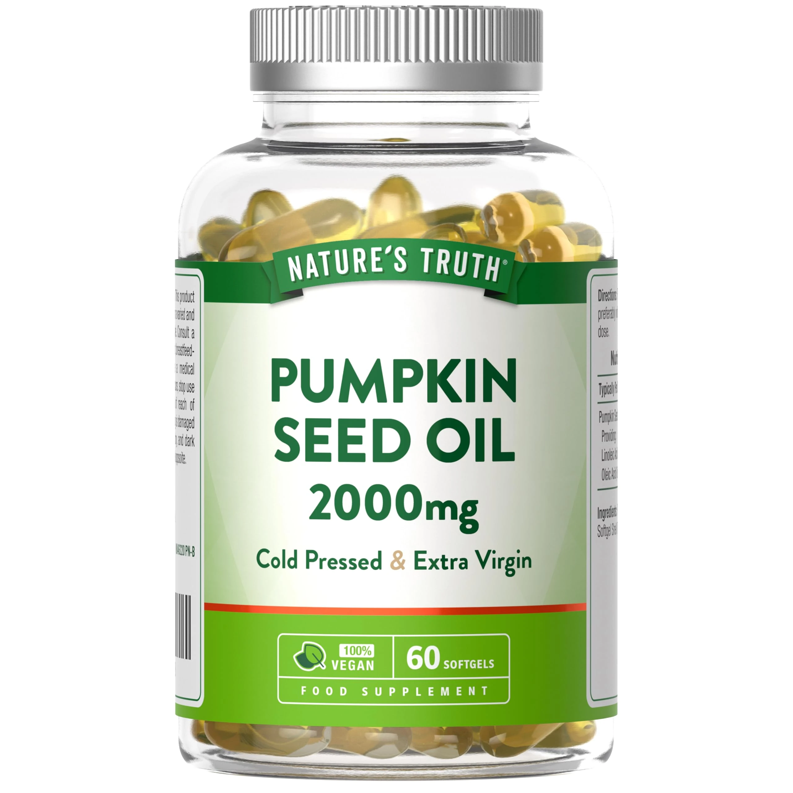 Pumpkin Seed Oil 2000mg | Vegan High Strength Pumpkin Seed Capsules | Omega 6 and 9 Fatty Acids | 60 Softgels | Cold-Pressed & Extra Virgin | Nature's Truth