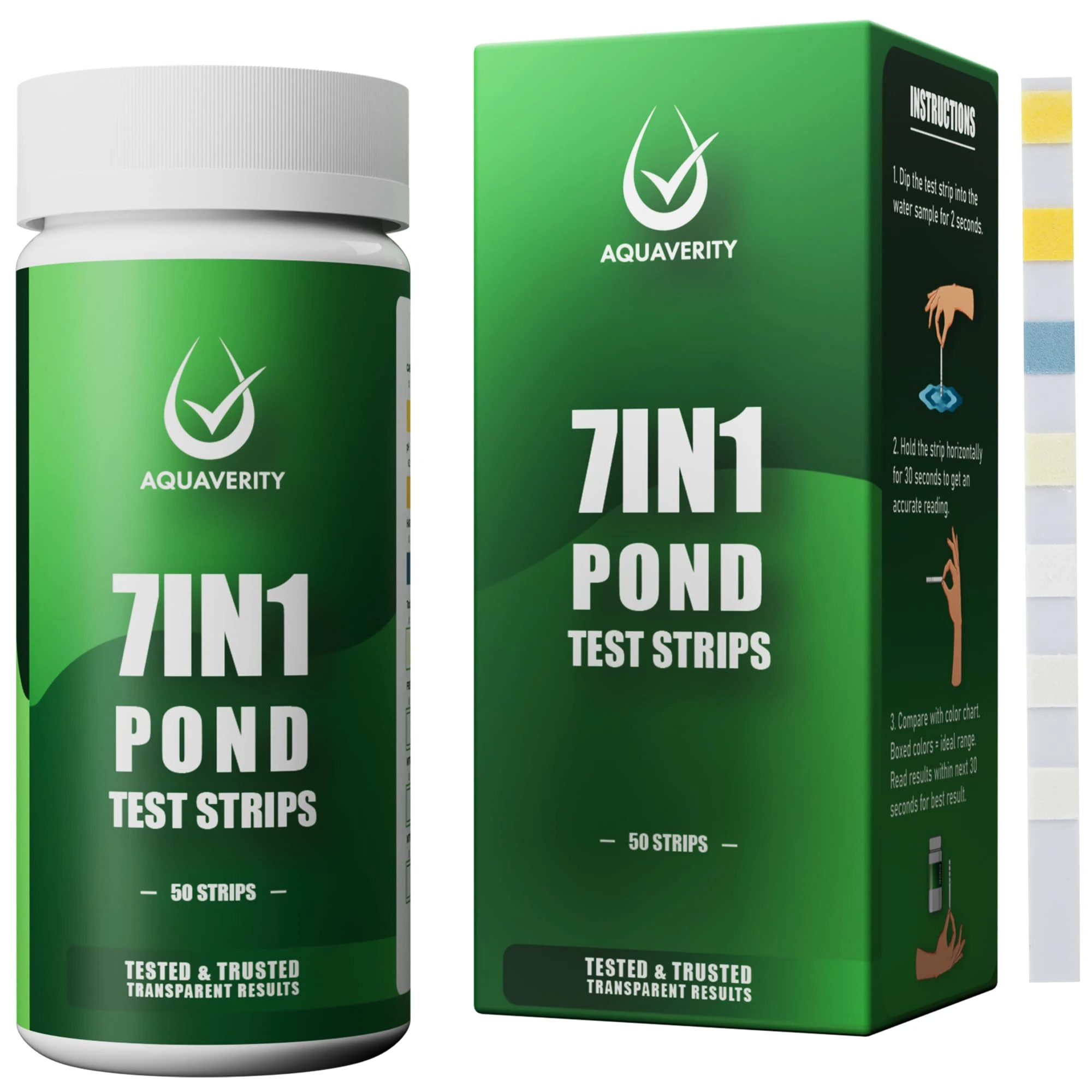AQUAVERITY 7-in-1 Pond Test Strips – Accurate Pond Water Test Kit for pH, Nitrate, Nitrite, Carbonate, Hardness, Total & Free Chlorine – Easy-to-Use Accessories for All Garden Ponds – 50 Strips