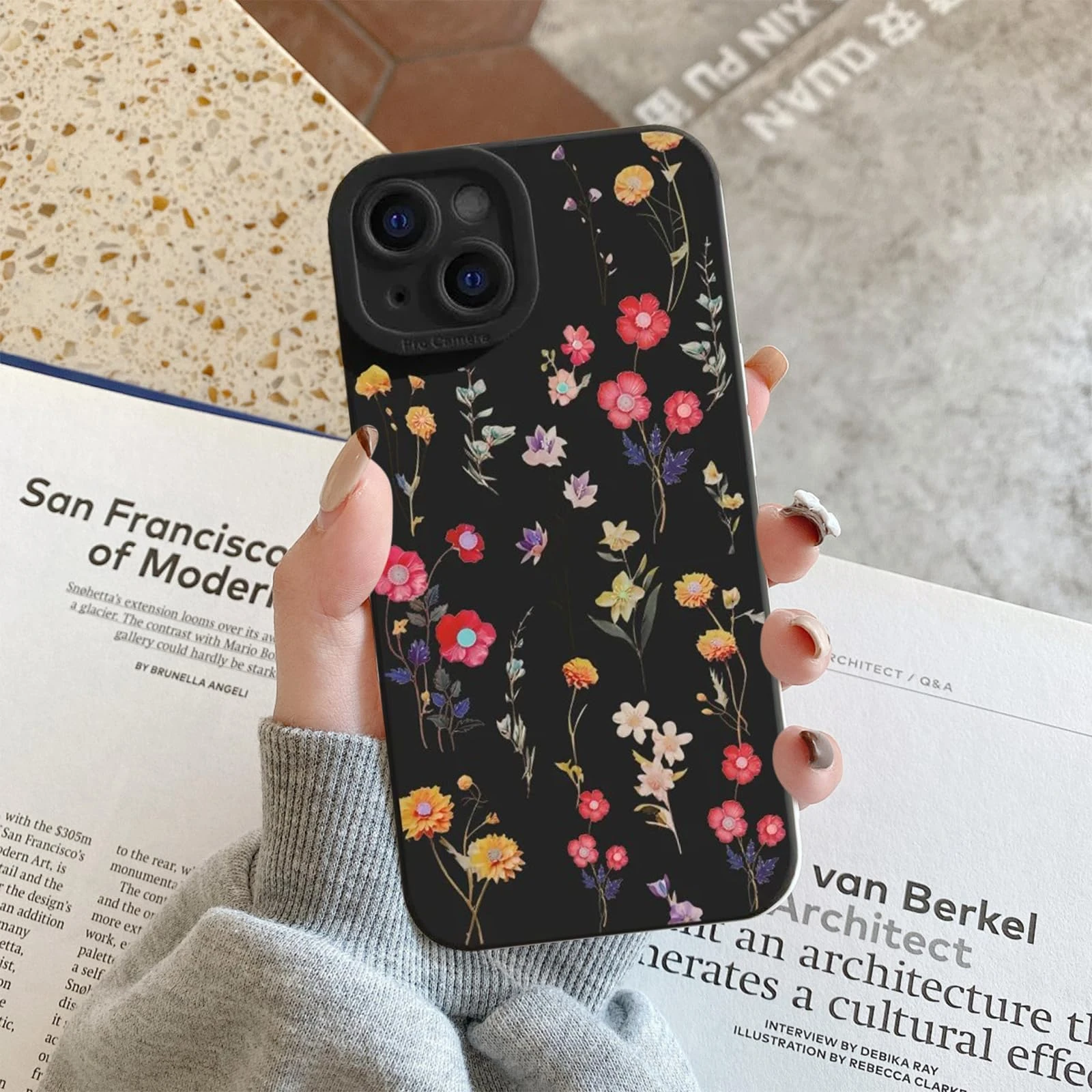Floral Case for iPhone 15 Pro 6.1", Flower Pattern with Cute Design Cover, Floral Stylish Silicone Bumper, Soft Slim TPU All-inclusive Lens Shockproof Elegant Cover (Black 01, 15 Pro)