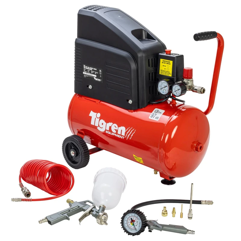 TIGREN Air Compressor Oil-Free Direct Drive with 7 Piece Kit, 230V 24L 2hp 1.5kW 116psi 8CFM