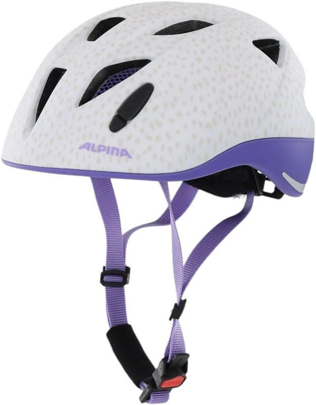 ALPINA XIMO L.E. – Lightweight, safe, and impact-resistant bike helmet with optional LED light for children - white purple dots matt - 49-54